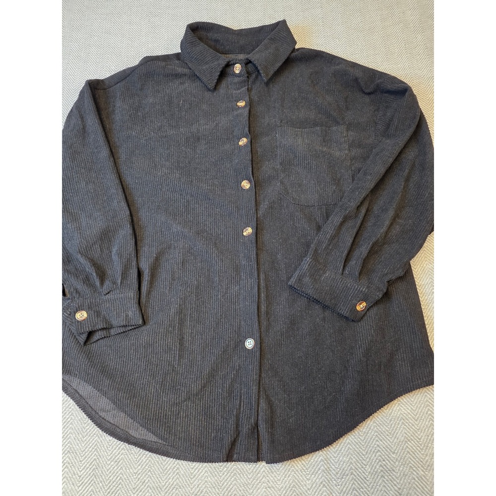 Womens Corduroy Shirt Medium Black Chest Pocket Long Sleeve Collared Button Up